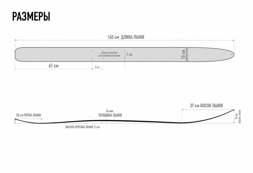 Лыжи Тайга, дерево-пластик, длина 165 см, ширина 150 мм